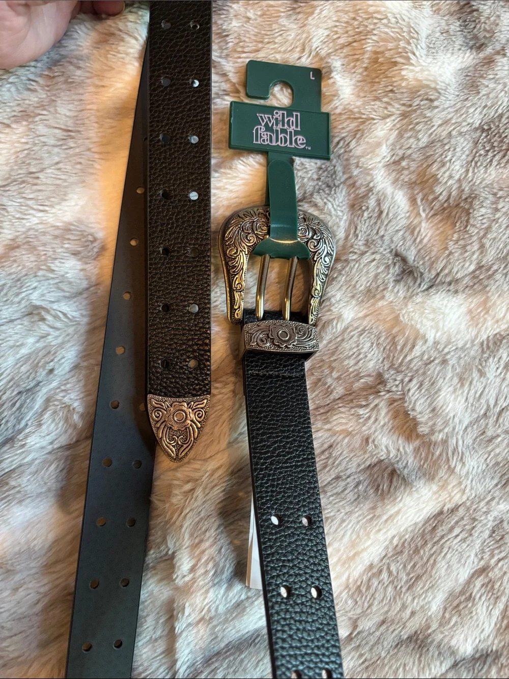 wild fable Black Western-Style Belt with Ornate Silver-Tone Buckle